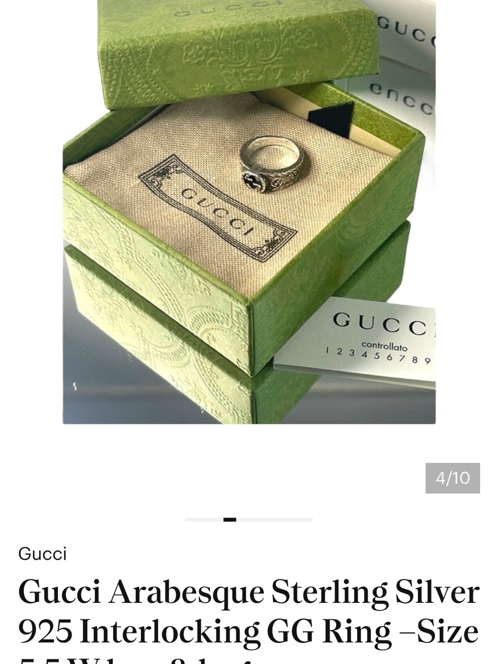 Gucci Sterling Silver Textured Arabesque Interlocking GG Ring